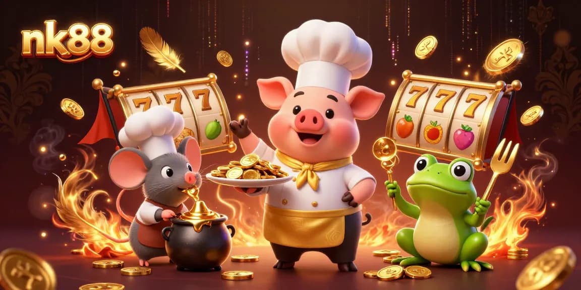 Experience exciting wins at nk88 with a vibrant casino scene of coins and characters.