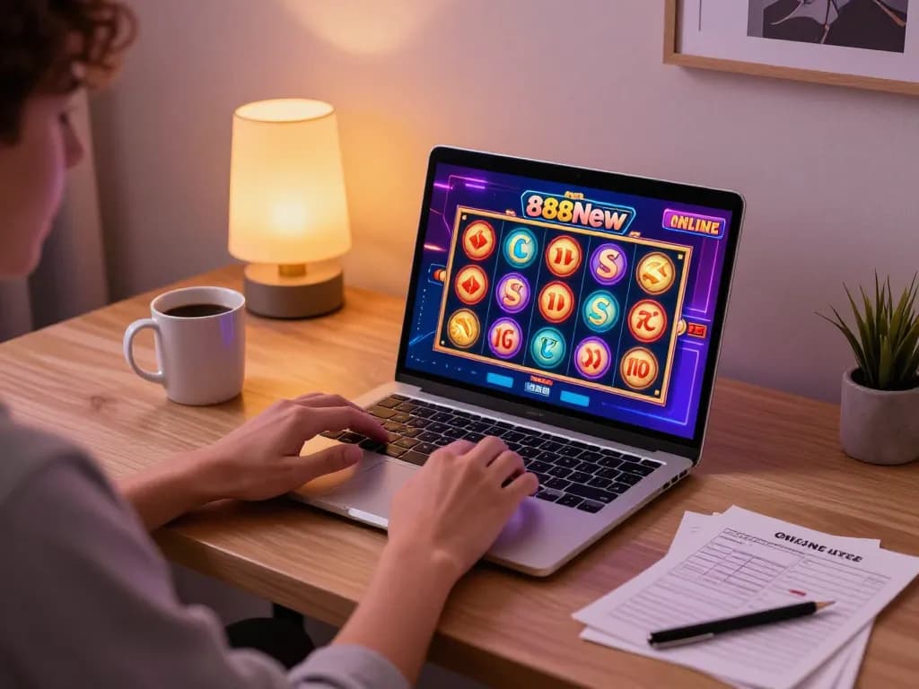 Engaging in thrilling gameplay at 888New online casino with colorful slot display in cozy home setting