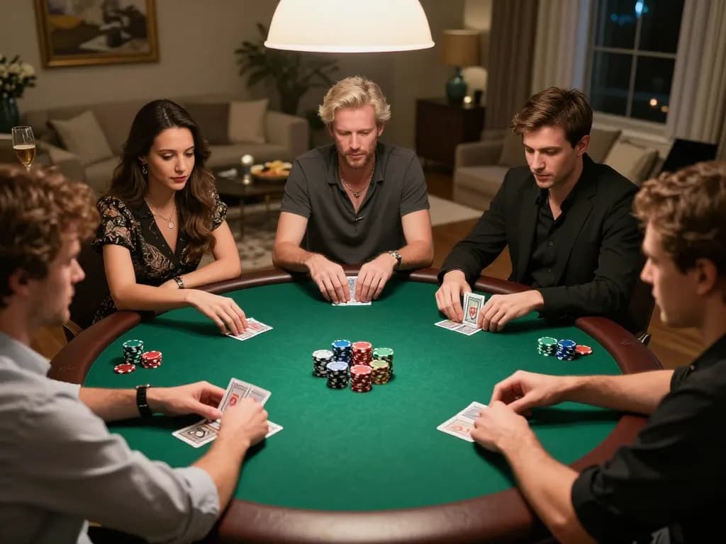 Players strategizing in a private home poker game at https://123bz.uk.net/, showcasing focused gameplay and social interaction.