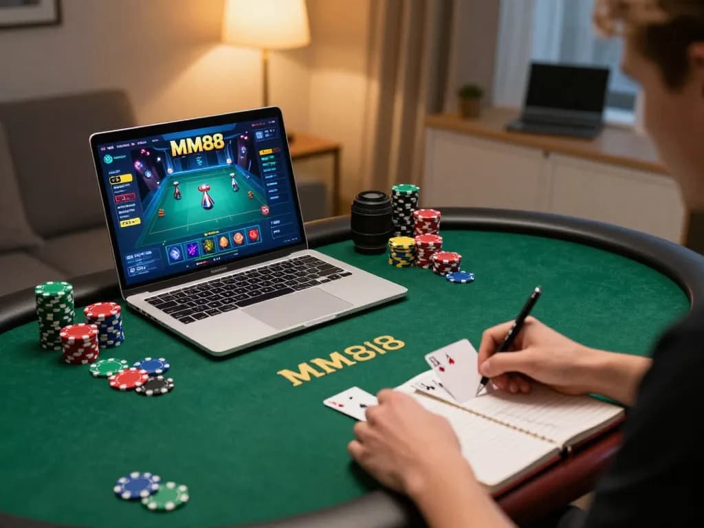 MM88 player placing strategic bets in a cozy home poker game setup.