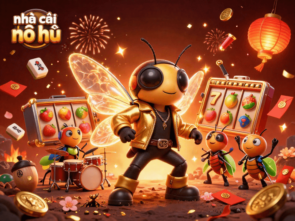 Experience the excitement of nhà cái nổ hũ with vibrant slot reels and celebratory fireworks.