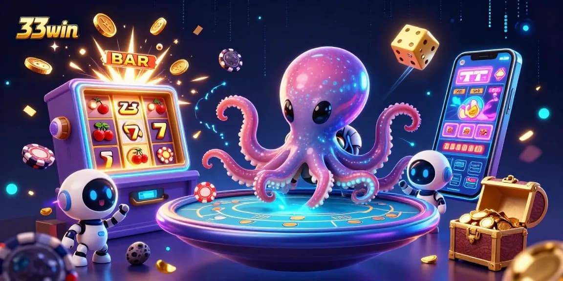 Join the exciting action at 33win with a 3D alien octopus and poker games in a vibrant casino scene.