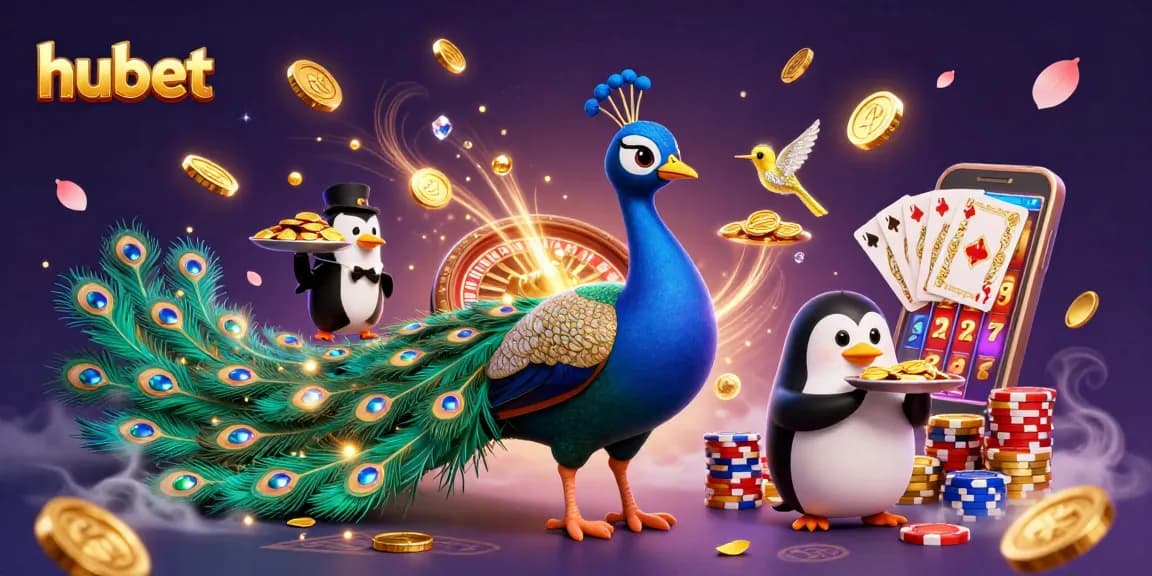 Experience excitement at hubet as a majestic peacock spreads gemstone feathers amid dynamic casino elements.