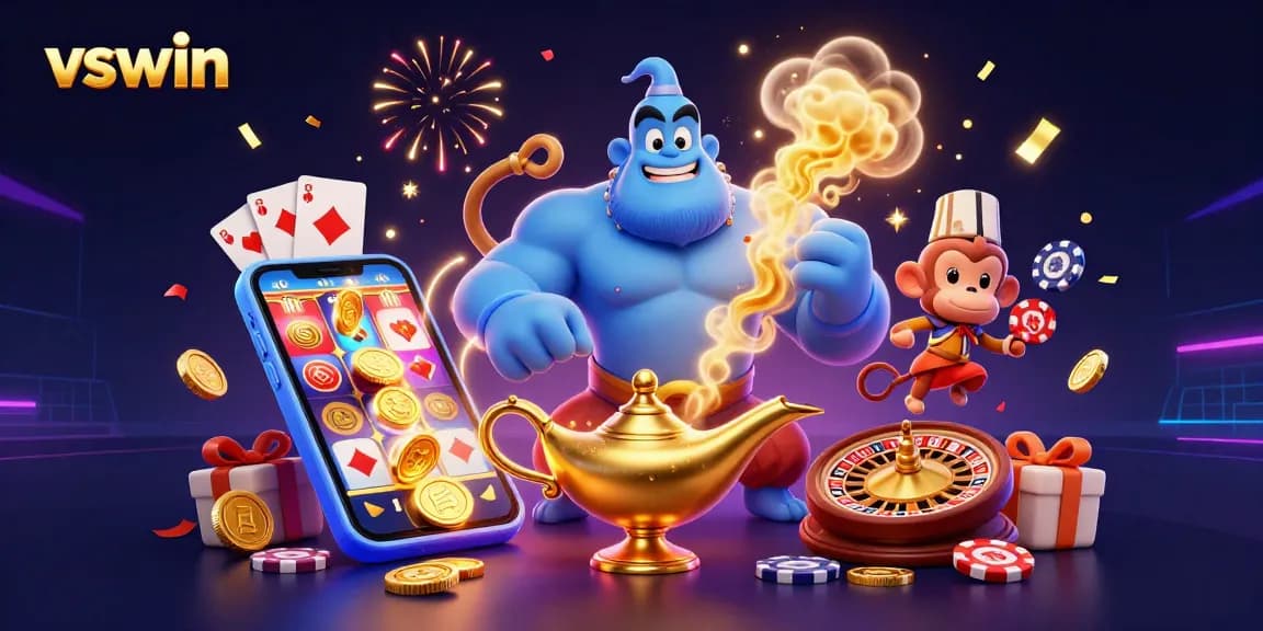 Experience vswin's vibrant casino action showcasing a muscular genie, monkey, and magic carpet with gaming elements.