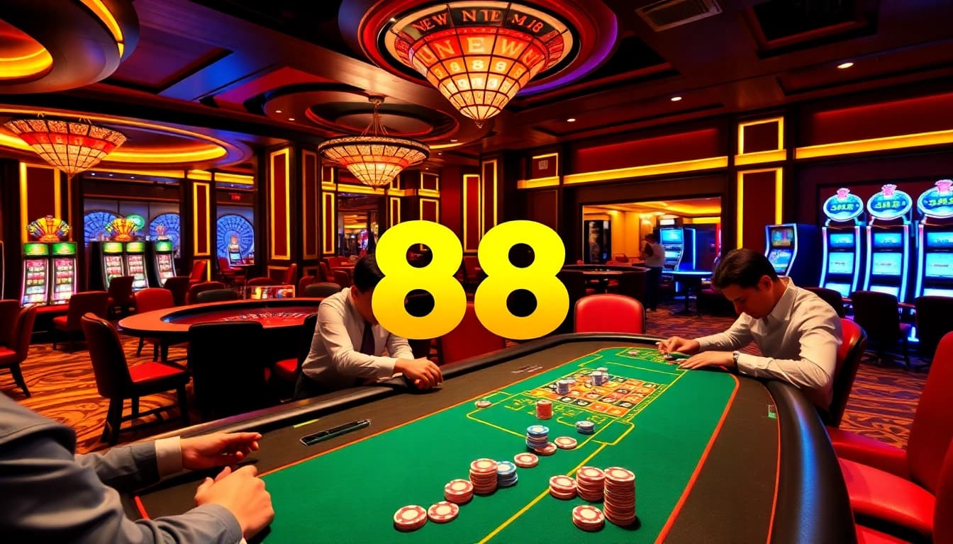 Players enjoy high-stakes poker at NEW 88 casino with vibrant chips and a roulette wheel in view.