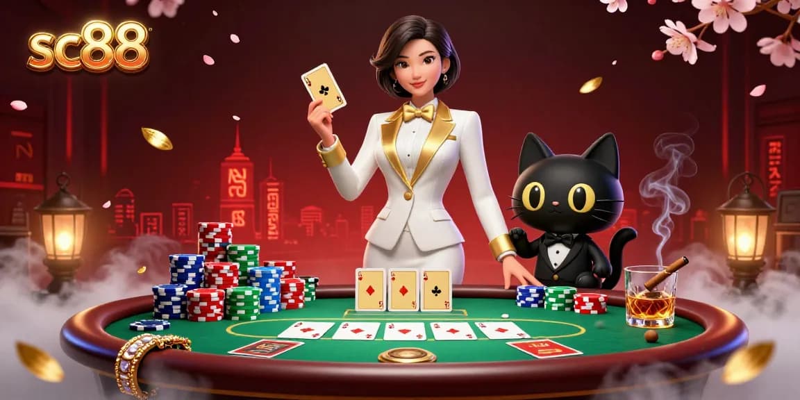 Engage in thrilling gameplay at SC88 with glamorous card shufflers and vibrant poker elements.