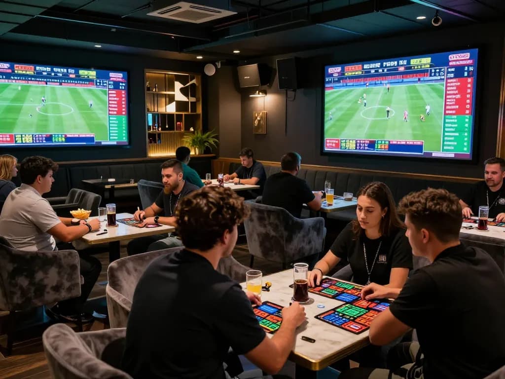 Engaged bettors analyzing odds and placing bets for Go 88 sports events in a sophisticated lounge