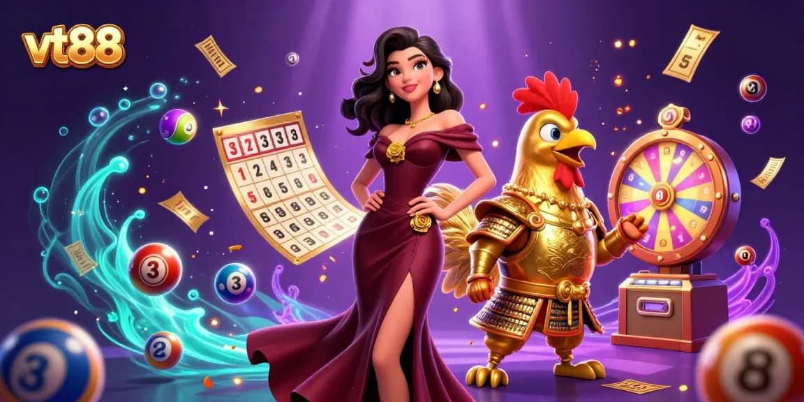 Engage with exciting casino games at VT88, featuring vibrant, dynamic gambling elements and characters.