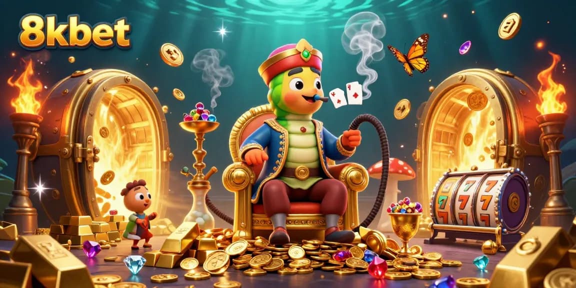 Experience the 8xbet thrill with vibrant casino-themed scenes featuring rich slot elements and golden treasures.