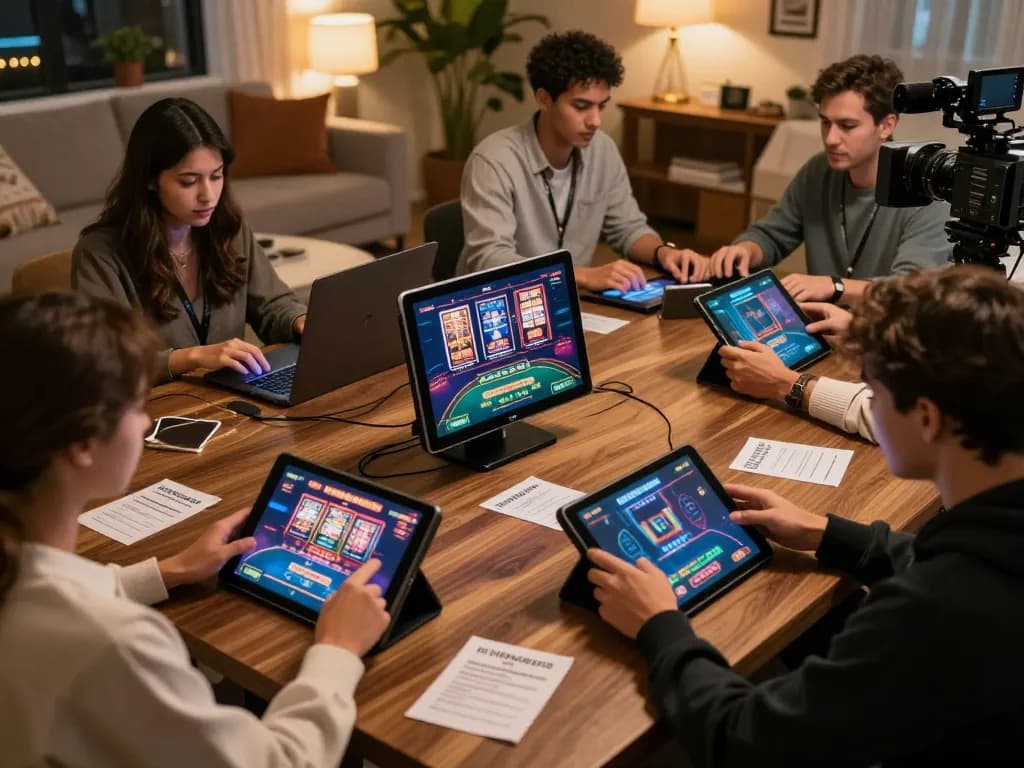 Players enjoying online gaming with fly88mx on tablets and laptops in a cozy setting.