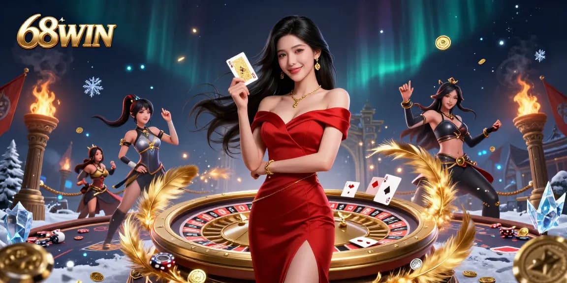 Experience the thrill of baccarat at 68WIN with a stunning casino scene featuring a beautiful dealer and elegant atmosphere.