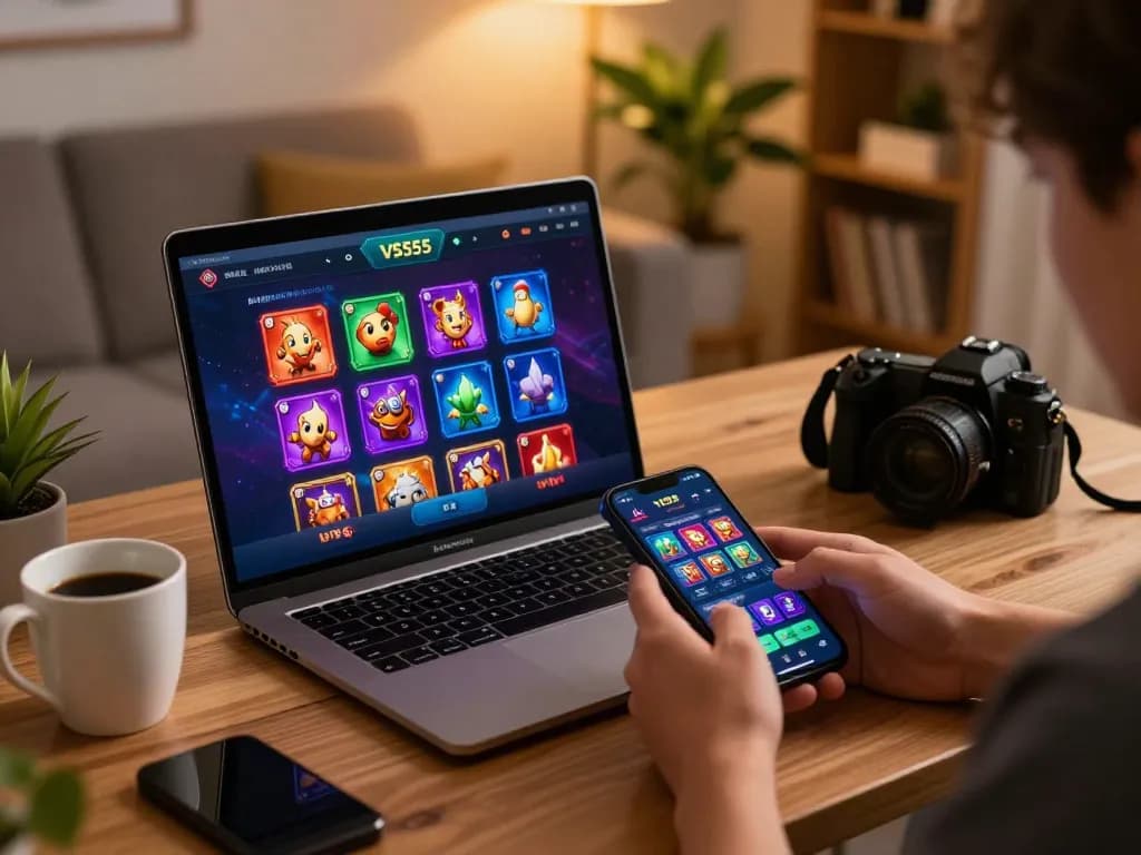 Players enjoying the VS555 Casino on their devices in a cozy home setting, showcasing online gaming.
