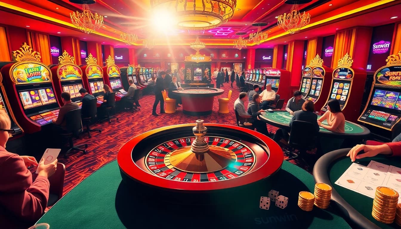 Excited players enjoying a sunwin gambling experience at a luxury casino with vibrant slot machines.