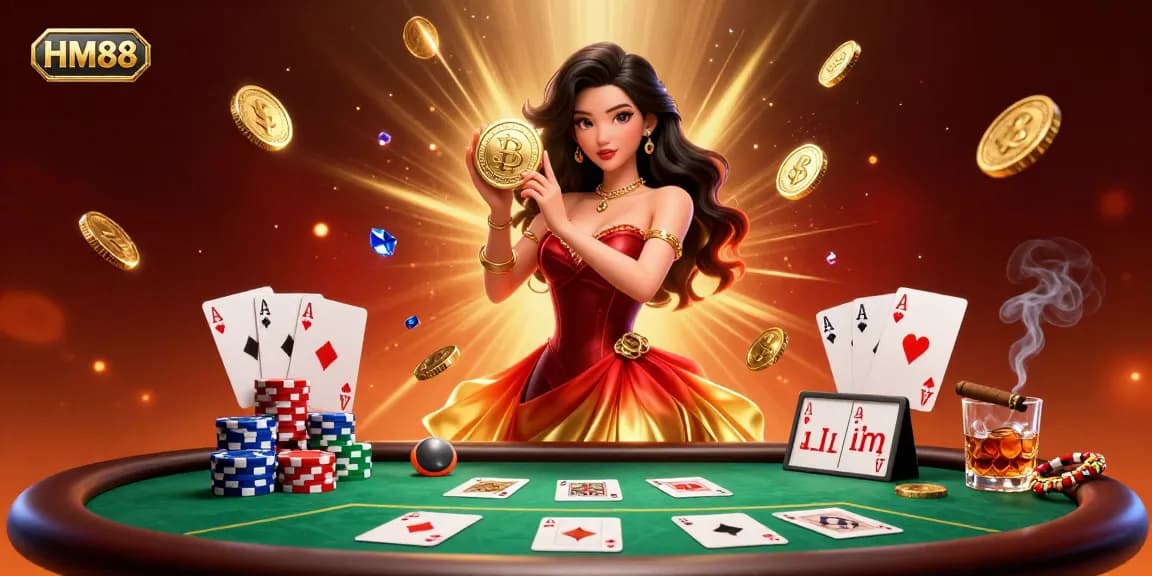 Experience the excitement of HM88 with a stunning illustration featuring an Asian woman holding a golden coin amidst a rich casino backdrop.