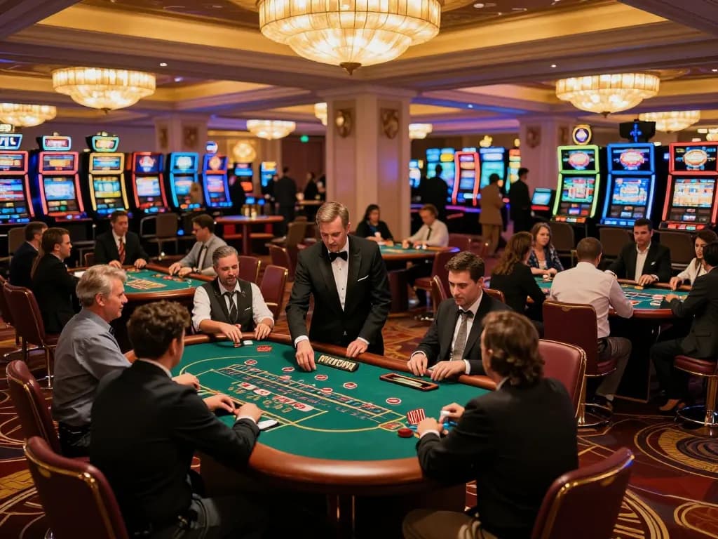 Players engaging in strategic gameplay at a bustling casino floor featuring 79sodoe games
