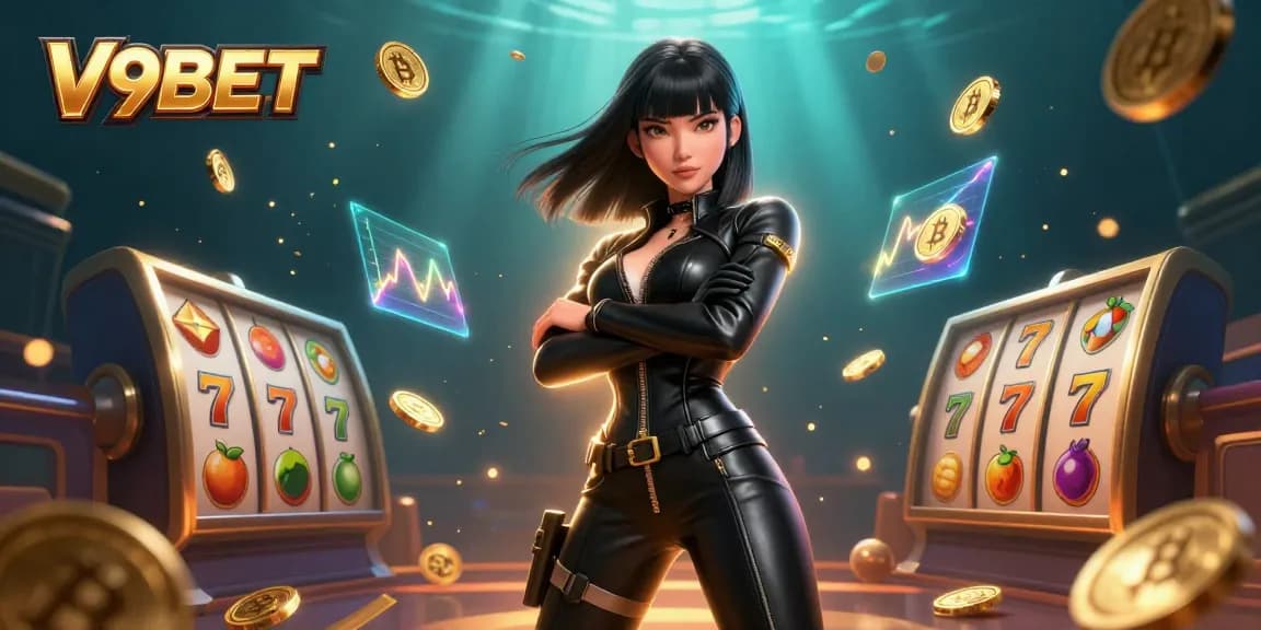 Experience the excitement with V9BET's vibrant 3D casino illustration featuring thrilling slot reels and gold!