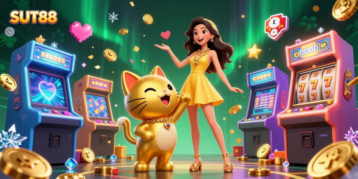 SUT88 brings luck with a cheerful woman and a golden lucky cat in a vibrant casino setting.