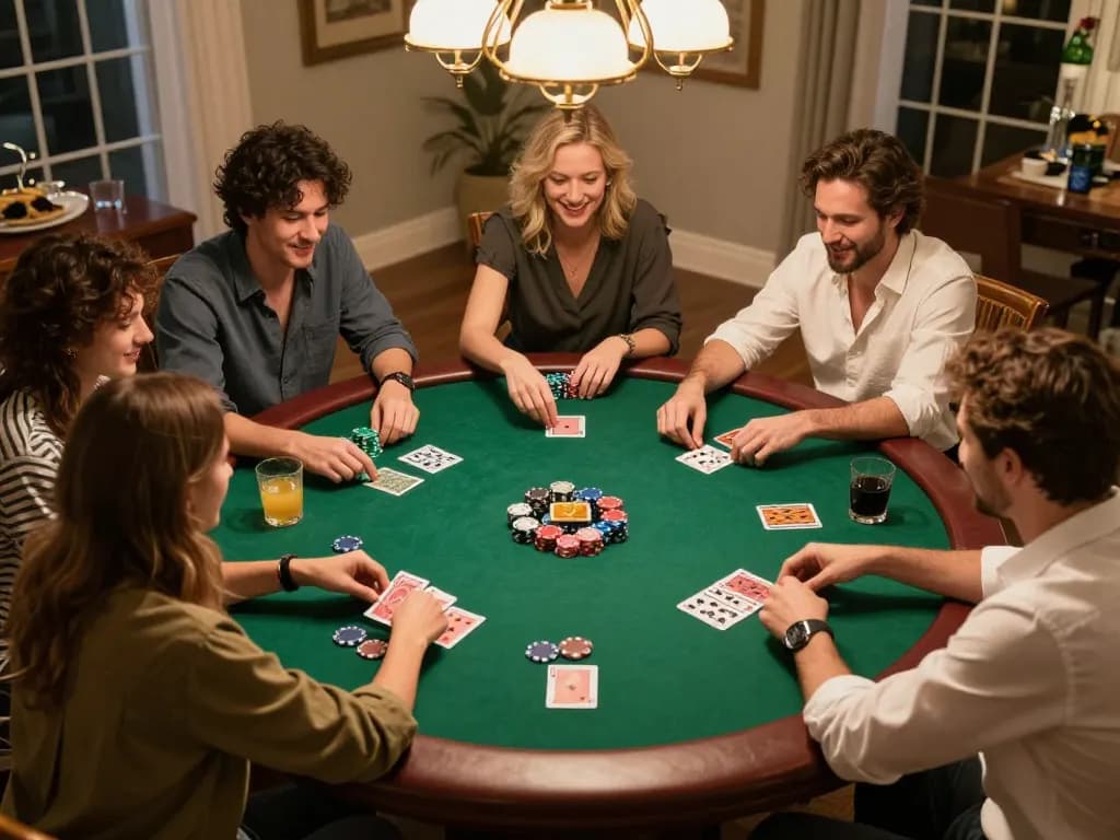 Friends enjoying poker night at home, showcasing strategy and teamwork with keonhacaii88 cards and chips