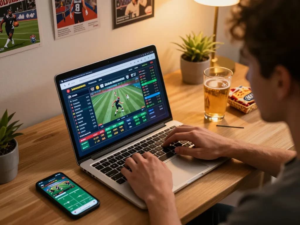 Person engaged in online sports betting on a laptop at home, showcasing 78wingo excitement and strategy in comfortable setting.