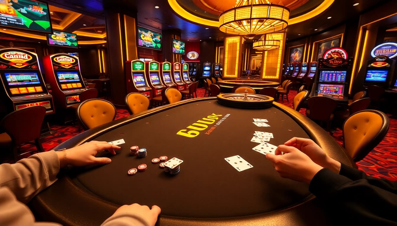 Hitclub poker players strategizing around an elegant casino table illuminated by golden lights.