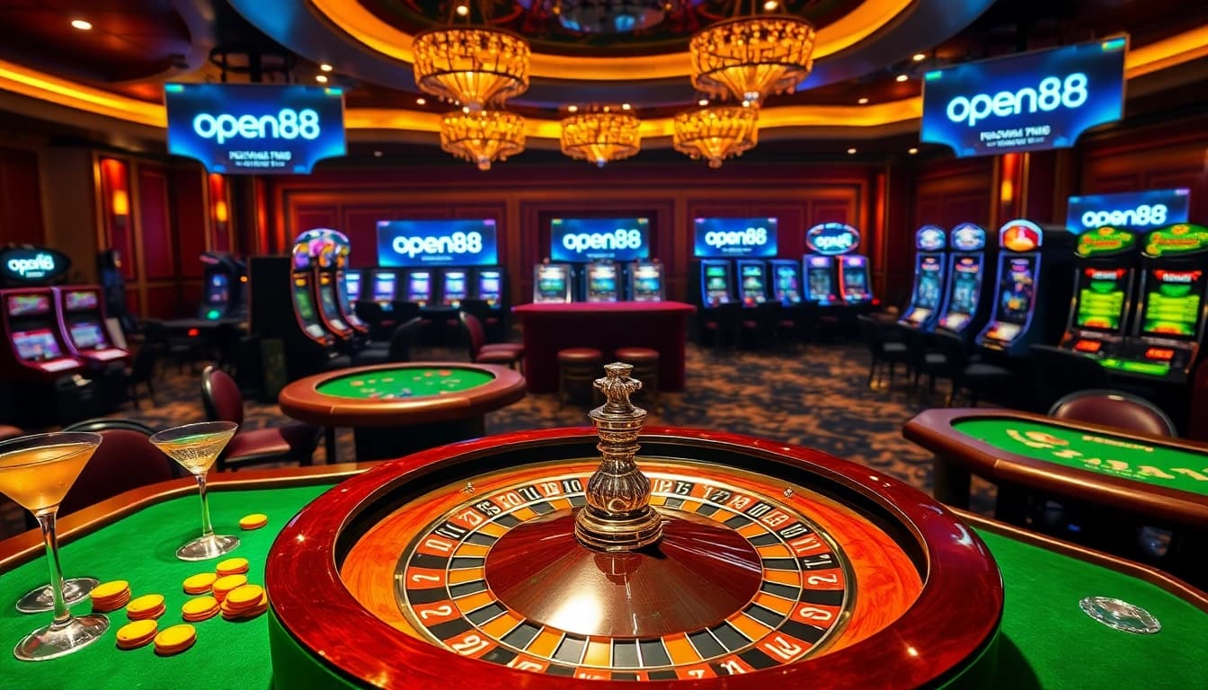 Experience the thrill of betting at open88 with vibrant casino tables and roulette in a luxurious setting.
