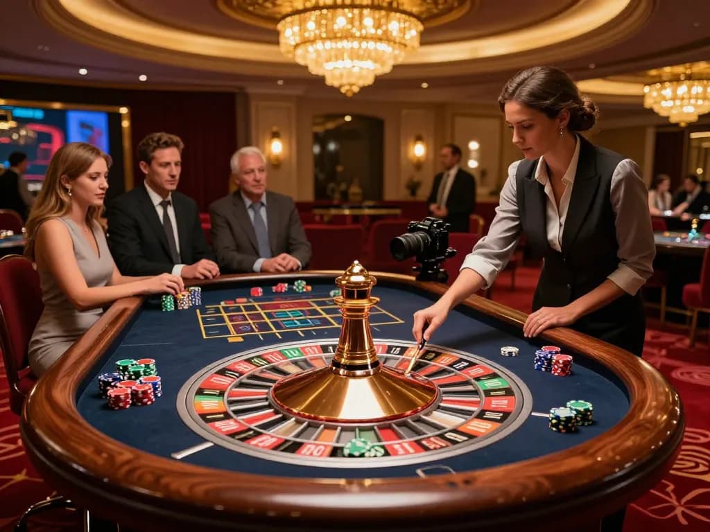 Witness exhilarating roulette action with 79king players placing bets at a luxurious casino table.