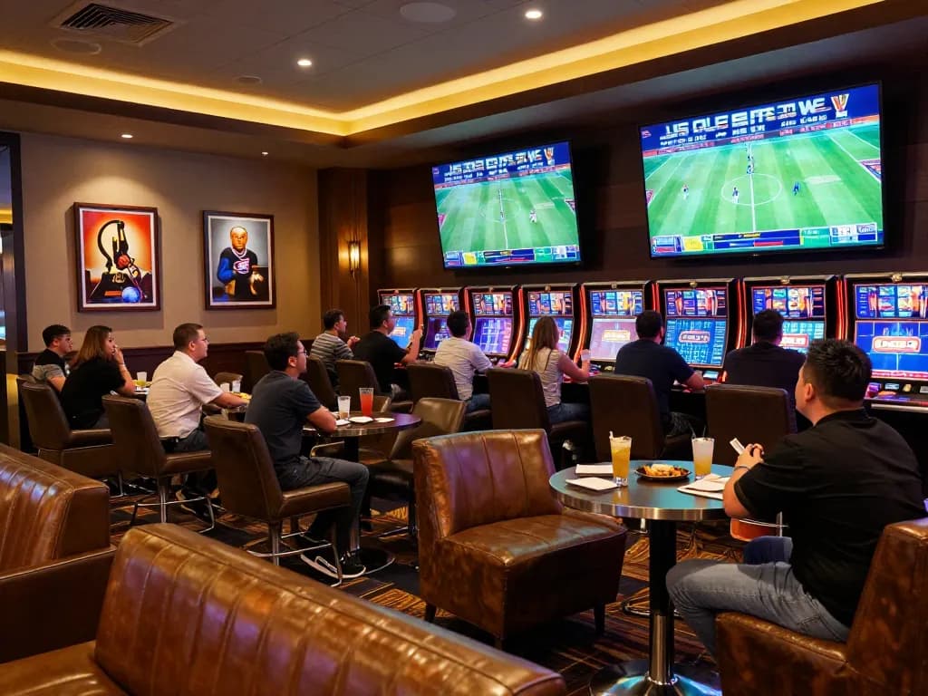 Engaging bettors analyzing odds through kèo nhà cái in a modern sports betting lounge.