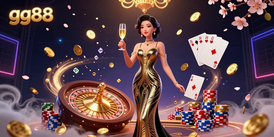 Experience winning moments at gg88 with a glamorous casino scene featuring an elegant woman, roulette, and vibrant gaming elements.