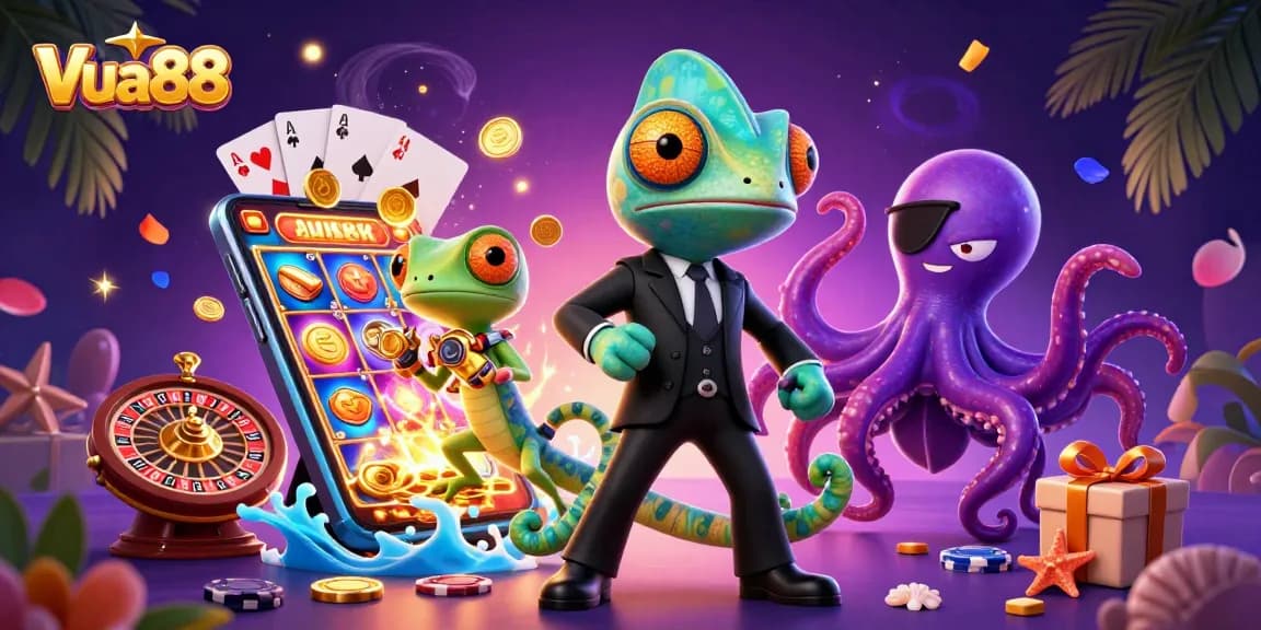 Spin colorful slot games with Vua88's exciting gambling experience featuring vibrant characters and action.
