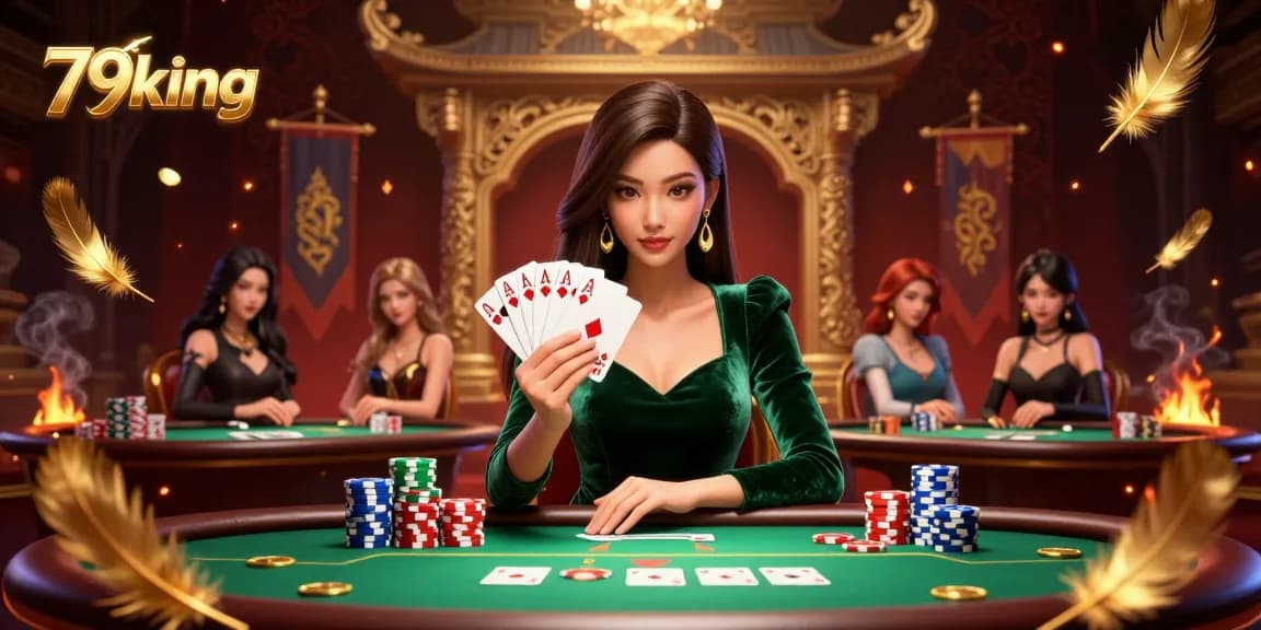 Experience the thrill of 79king with a beautiful Asian woman at a luxury poker table, immersed in the game.