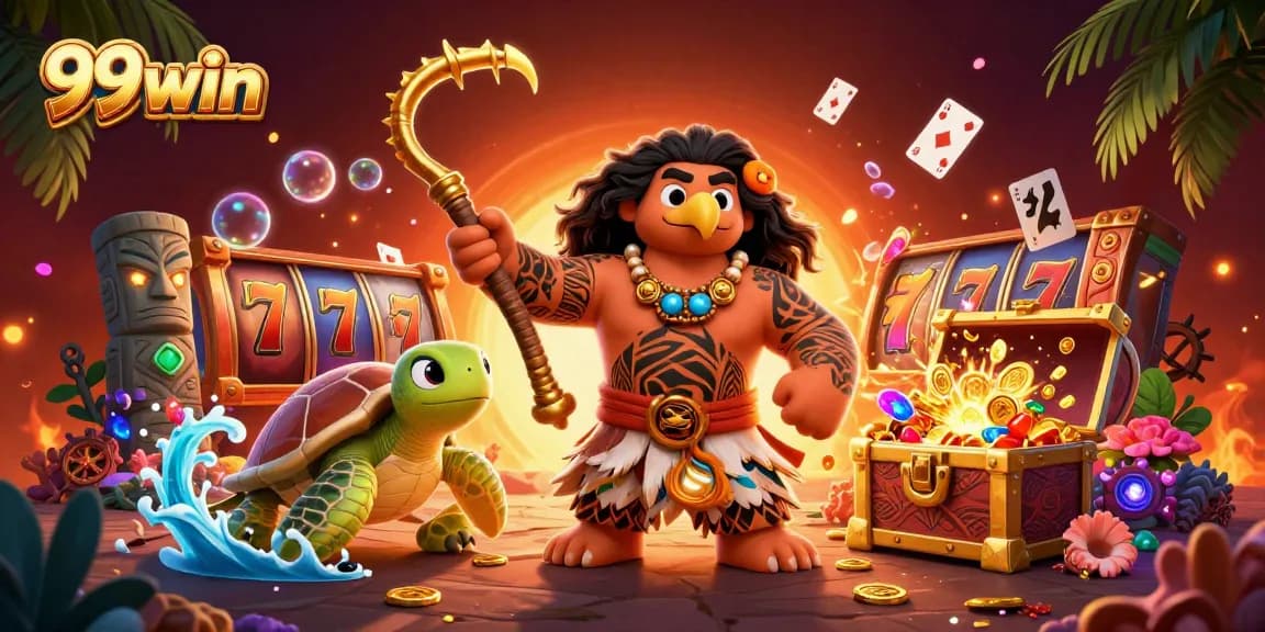 Engage with 99win's adventures in this vibrant, detailed 3D casino illustration featuring unique game elements.