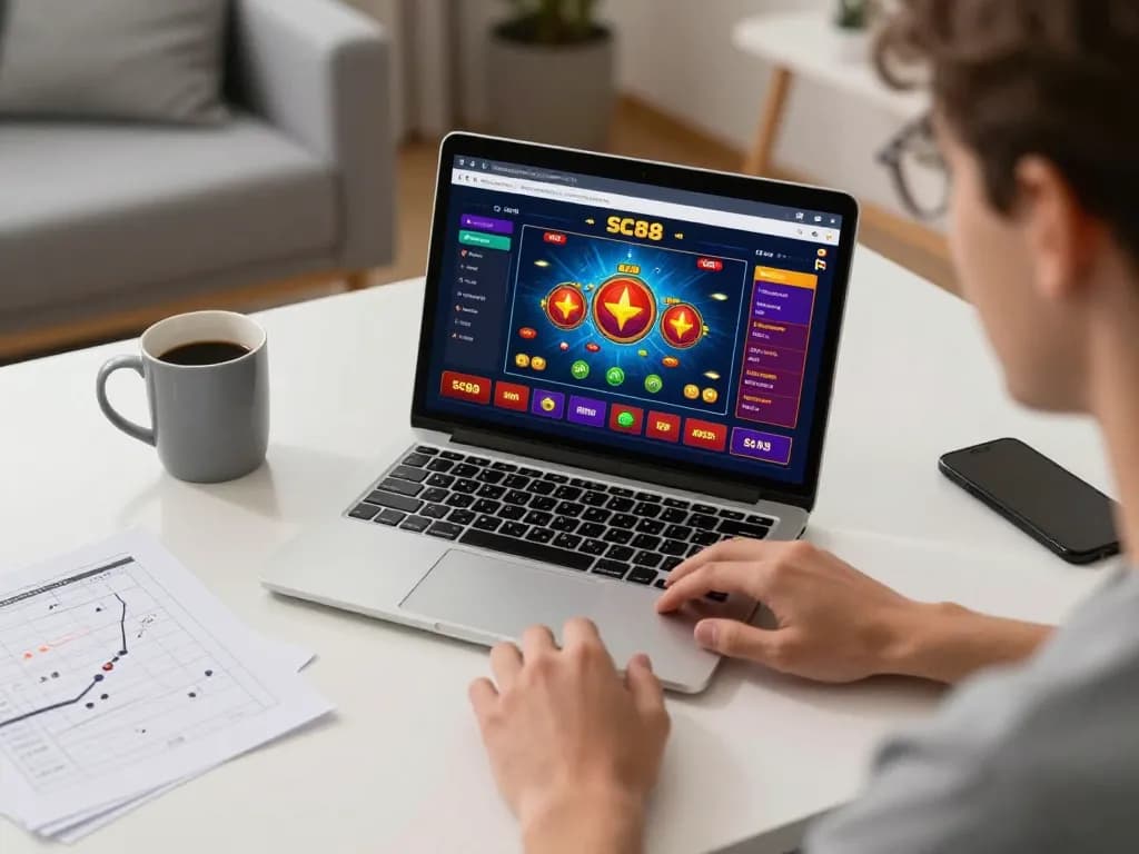 Player engaging with SC88 online game on laptop, displaying excitement in a cozy home setup
