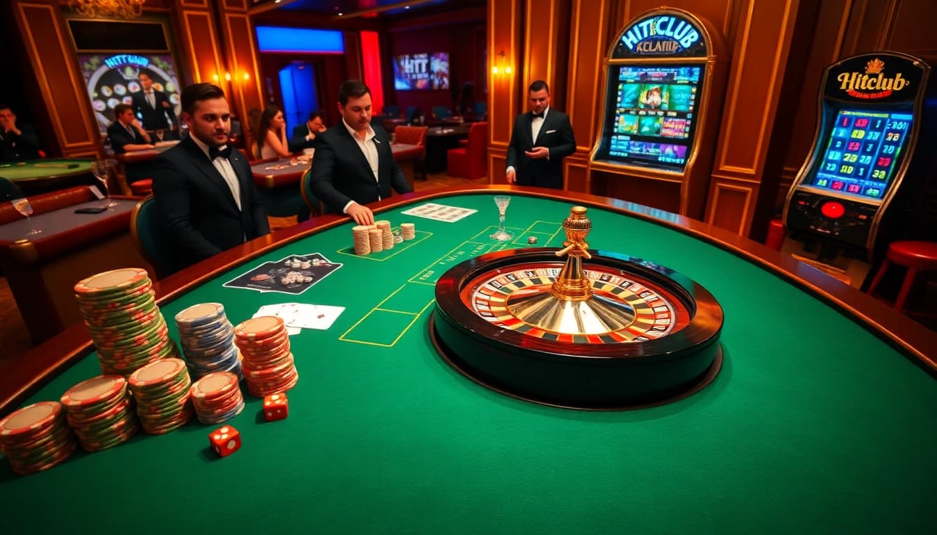 Hitclub players enjoying an exciting session at a luxurious casino table with vibrant roulette and cards.