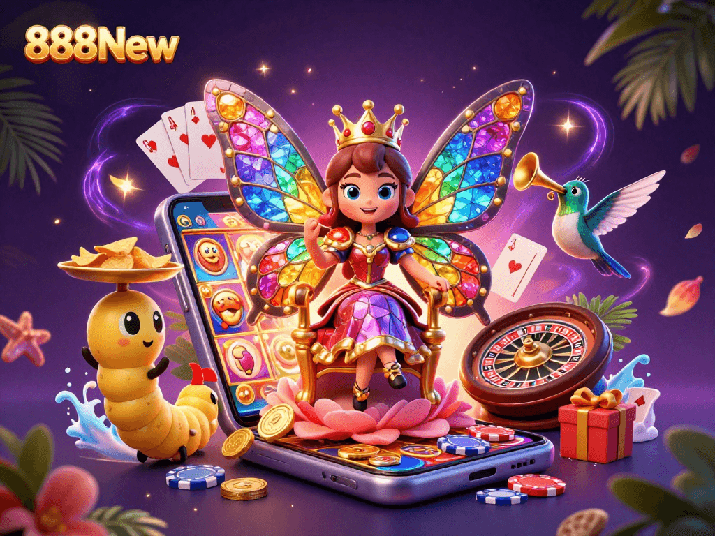 Play exciting slot games and win with 888New's vibrant 3D casino illustration featuring a butterfly queen.