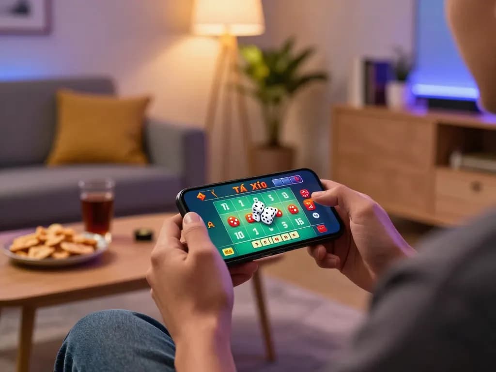 Engaging gameplay of tài xỉu online on smartphone in a cozy living room setting.