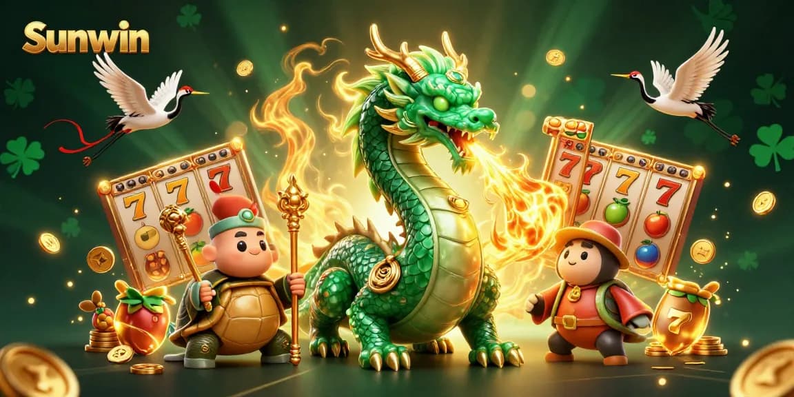 Win big at Sunwin with an exciting illustration featuring a jade dragon, lucky cranes, and slot elements.