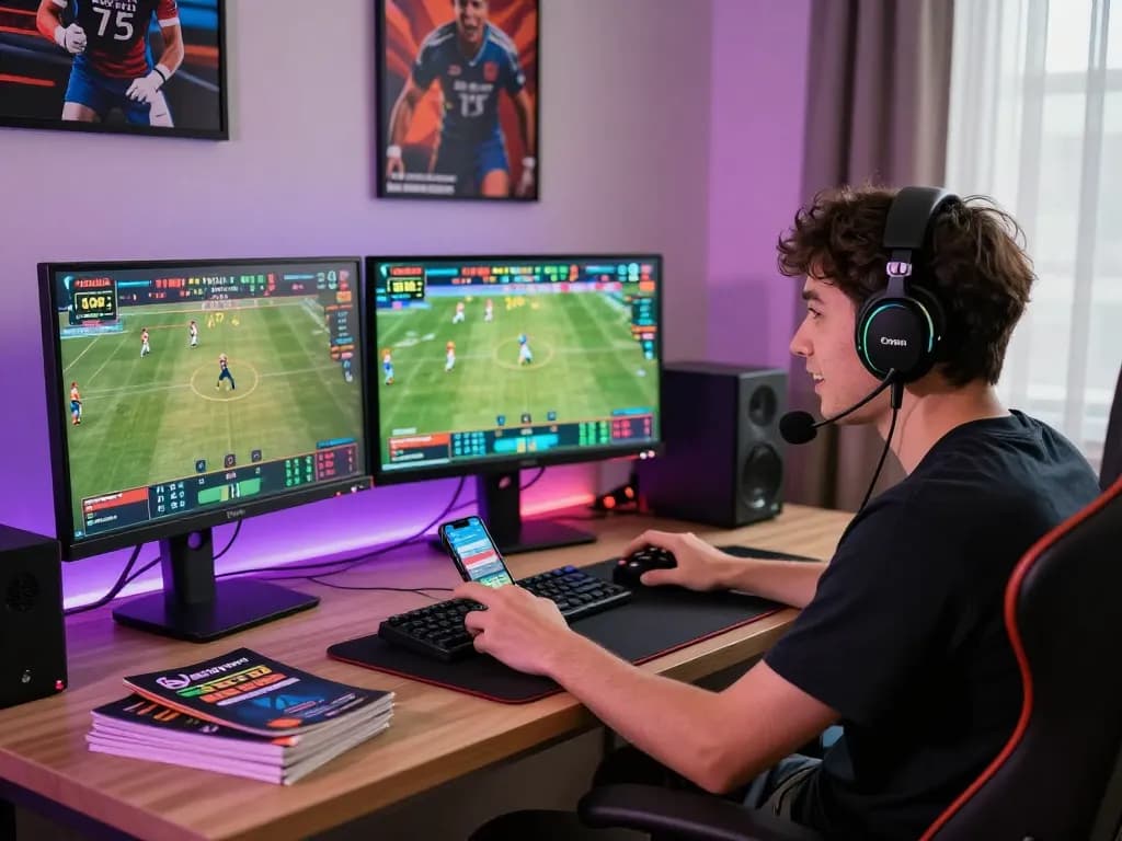 Enthusiastic player engaging with 1gom sports betting in a dynamic gaming setup.