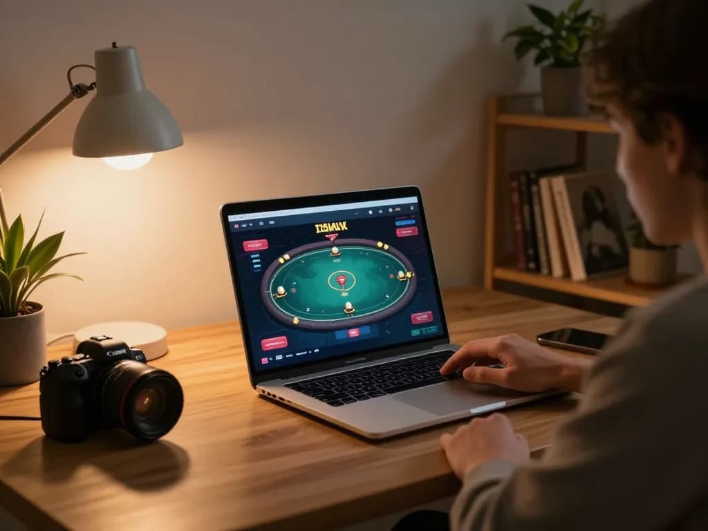 Experience online gaming at https://ee888.sa.com/ with a user engaged in poker from a cozy home setup.