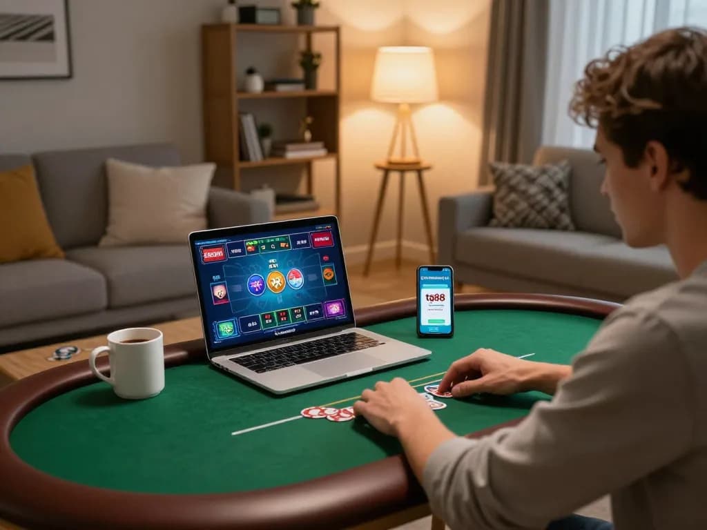 Person playing poker on tg88 com in a cozy home setting, showcasing engaging online gaming.