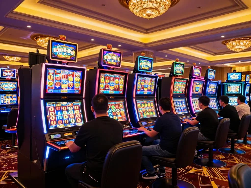 Experience the excitement of cm88-bet with vibrant slot machines spinning in a modern casino setting.