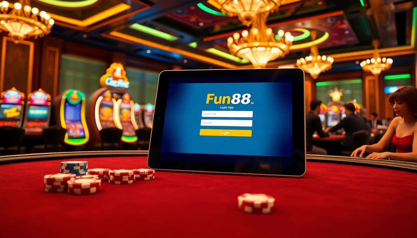 Visualize a captivating casino scene with a Fun88 login interface, poker table, and vibrant gaming atmosphere.