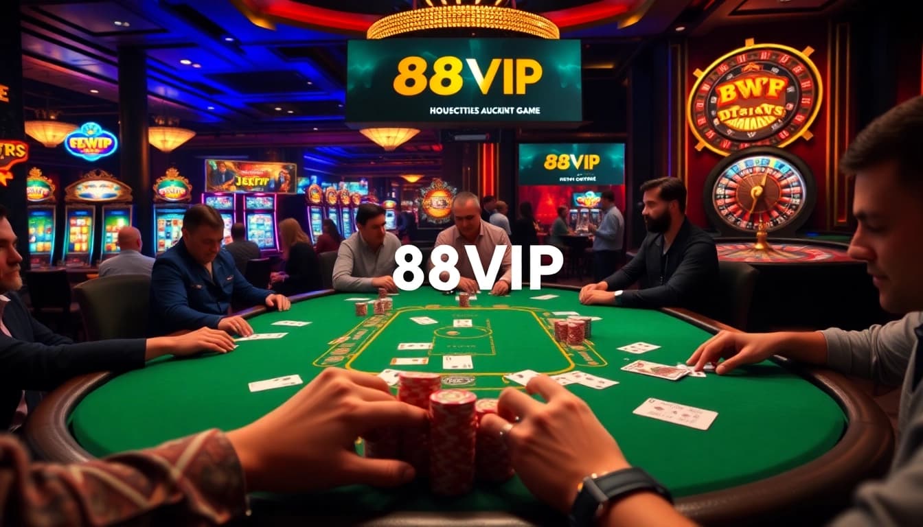 Engaged players at a 68VIP poker table amidst a vibrant casino atmosphere, showcasing excitement.