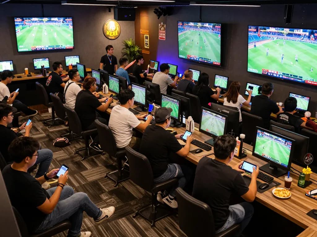 Cá Độ Bóng Đá Online betting in a lively sports lounge with fans cheering.