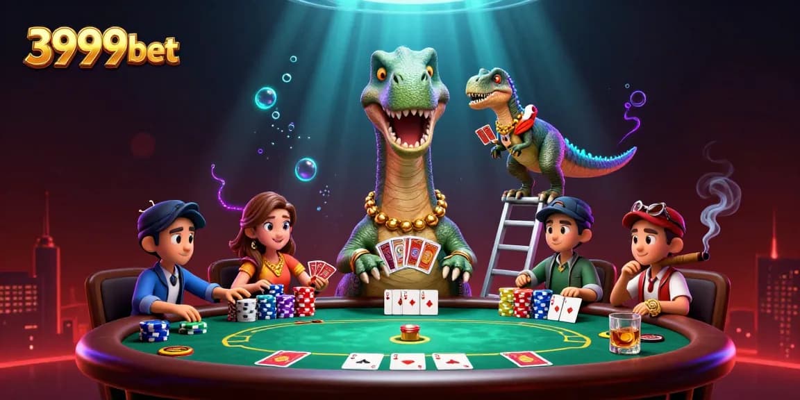 Experience vibrant poker action in 3999bet with a colossal brontosaurus overseeing the game.