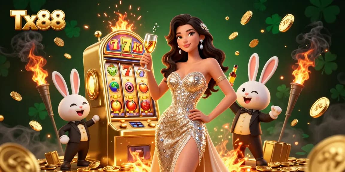 Experience the thrill of Tx88 with a stunning golden jackpot slot machine and sparkling casino elements.