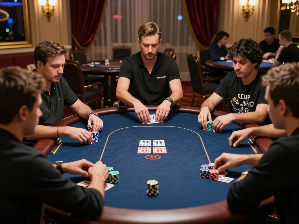 Players engaged in an exciting poker game at LV88F casino, showcasing dynamic gameplay amid elegant decor
