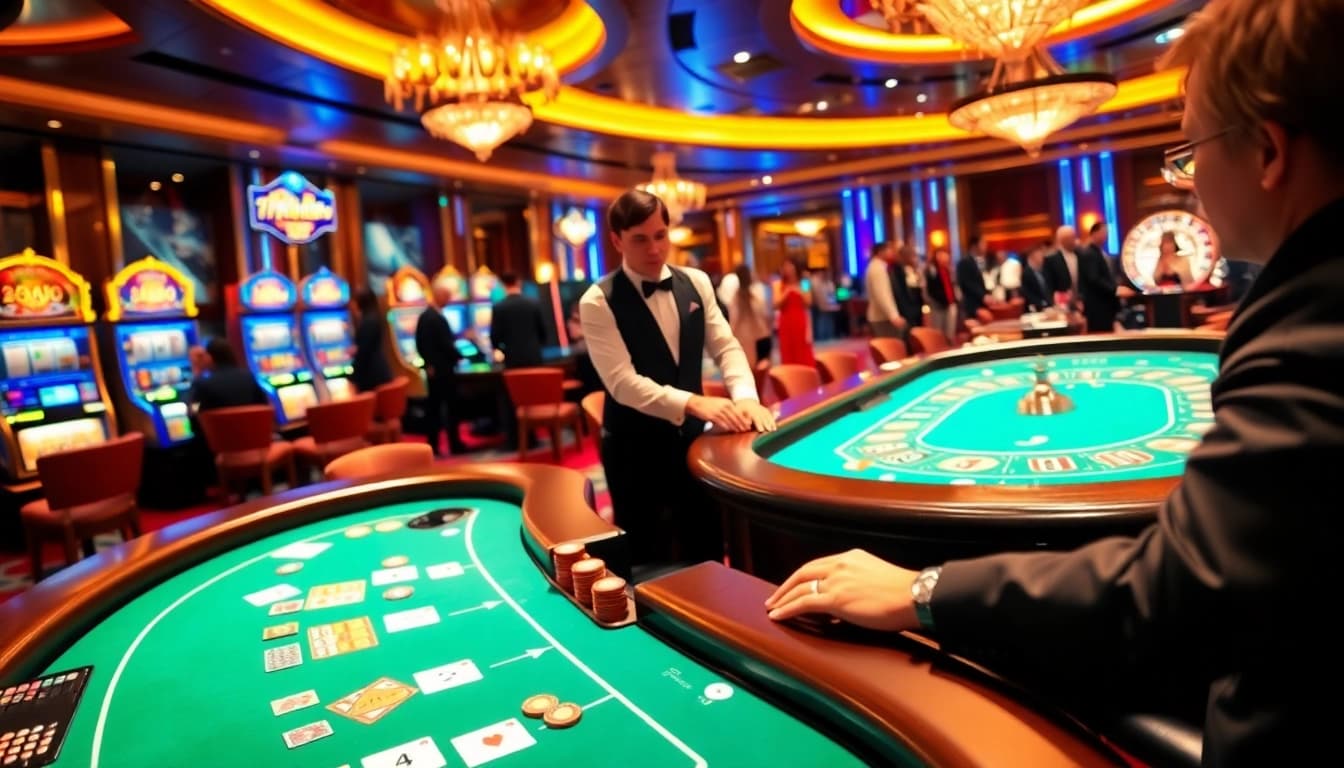 Explore the excitement of a j88-themed casino table surrounded by eager players in a luxurious setting.