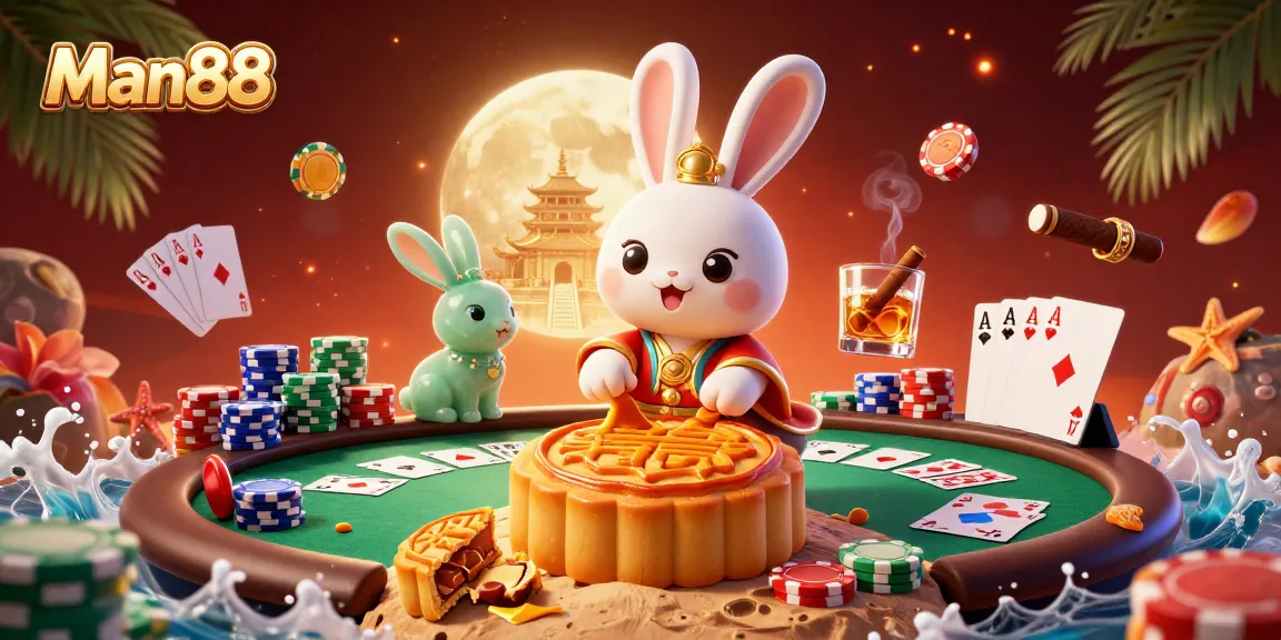 Engage in thrilling gaming with Man88, where a 3D rabbit reveals poker chips in an enchanting moonlit scene.