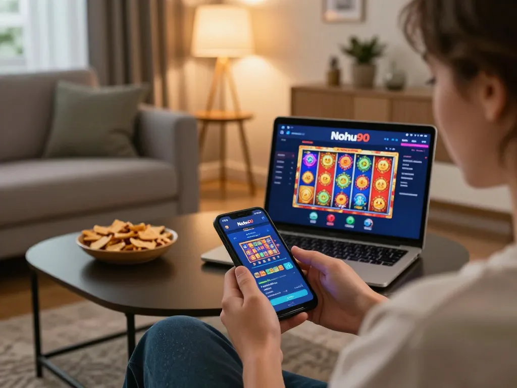 Nohu90 user enjoying online casino gaming on smartphone in a cozy living room