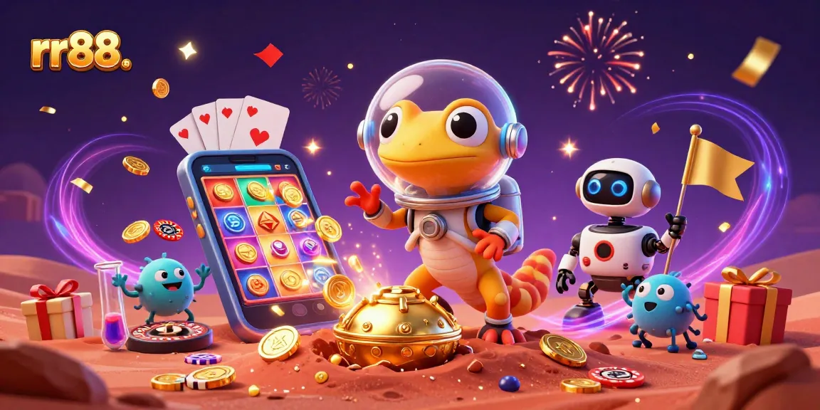 Experience the thrill of rr88. with Martian gecko exploring a golden casino in a vibrant 3D scene.
